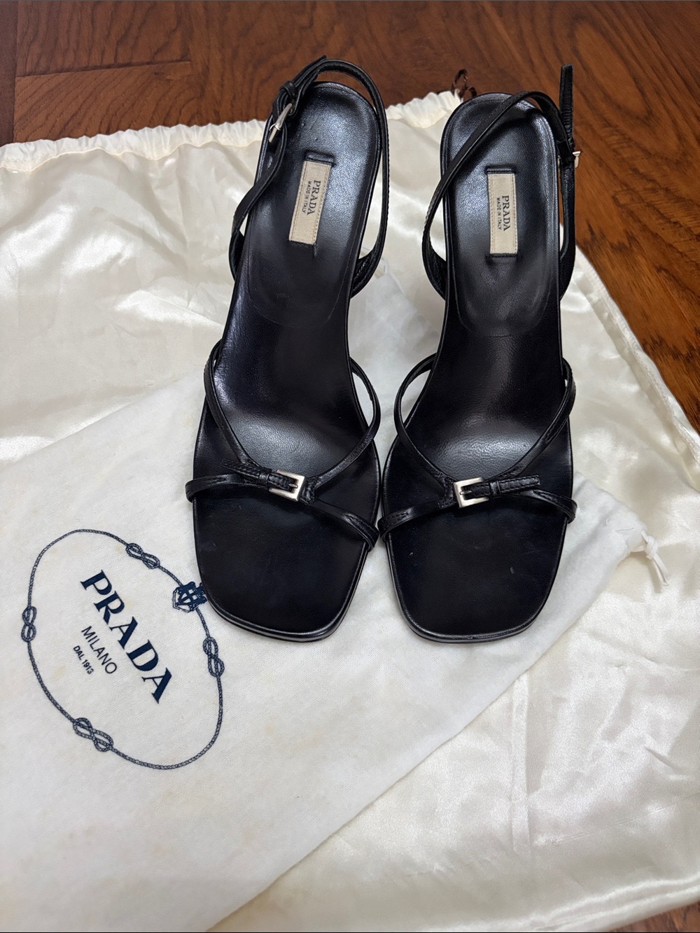LIKE NEW WITH BOX Vintage Prada Black Leather Strappy Square-Toe Slingback Heels